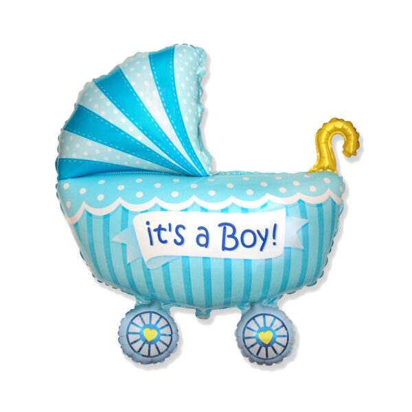 Luftballon "Baby Buggy Boy" im Form eines Kinderwagens mit einem Aufdruck "it's a Boy!"