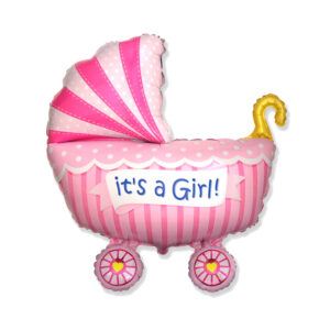 Luftballon "Baby Buggy Girl" im Form eines Kinderwagens mit einem Aufdruck "it's a Girl!"