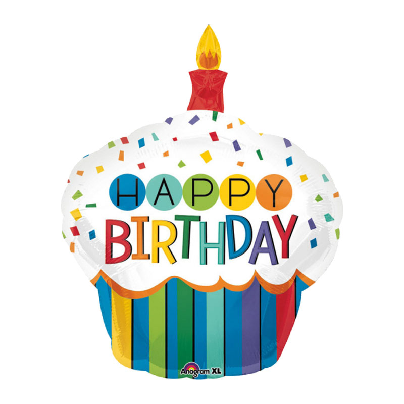 Luftballon mit einem "Happy Birthday" Schriftzug, Form eines Cupcakes, verschiedene Farben