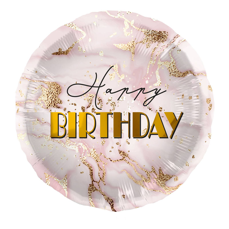 Runder Luftballon mit "Happy Birthday" Schriftzug, Marmorfarbend