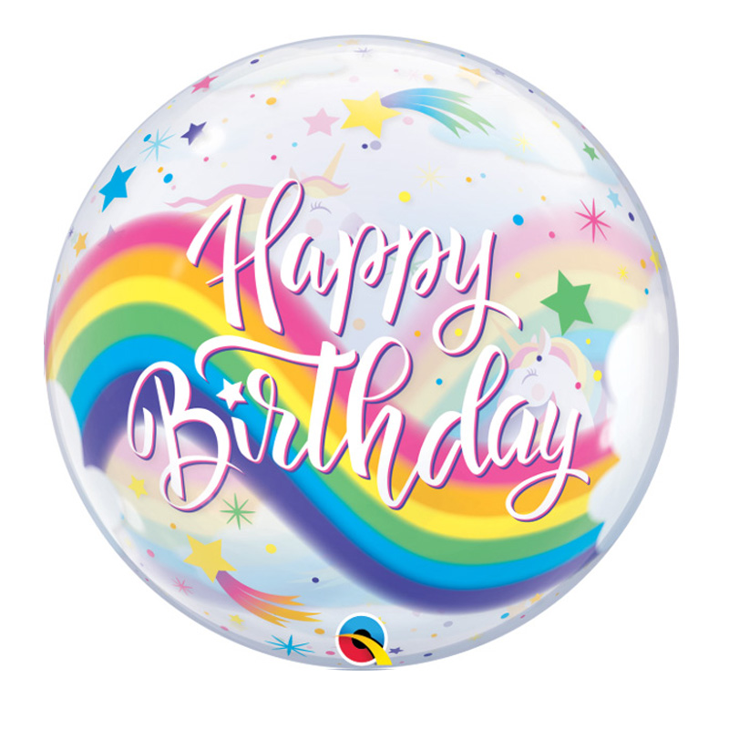 Luftballon in Kugelform mit "Happy Birthday" Schriftug und Regenbogen