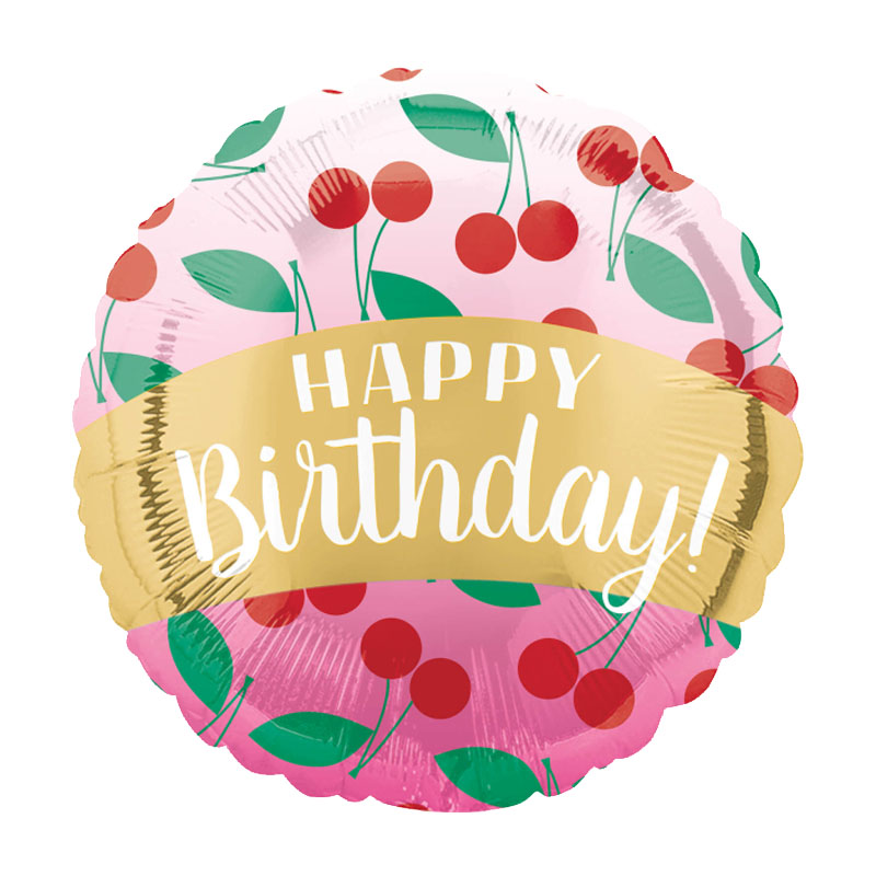 Luftballon mit einem "Happy Birthday!" Schriftzug und Kirschen, rund, verschiedene Farben