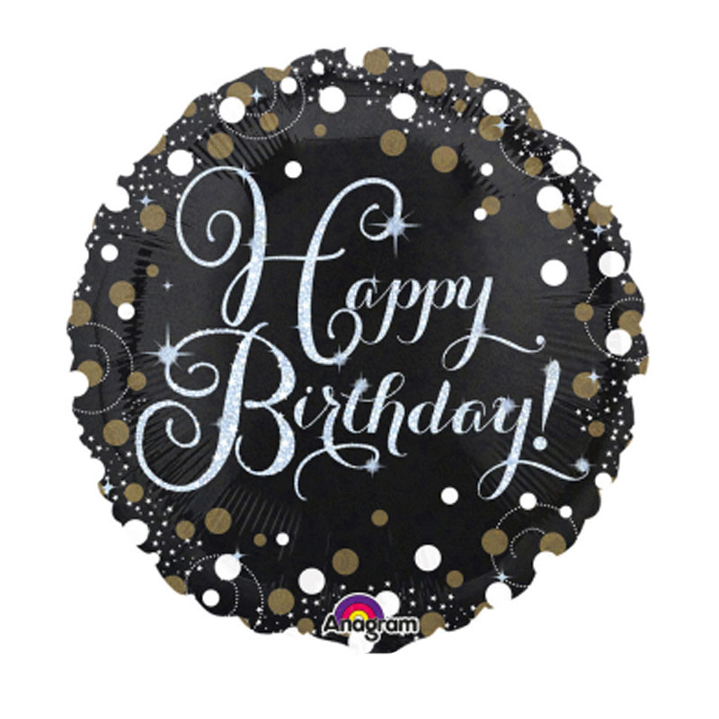 Luftballon mit "Happy Birthday" Schriftzug, rund, schwarz, funkelnd
