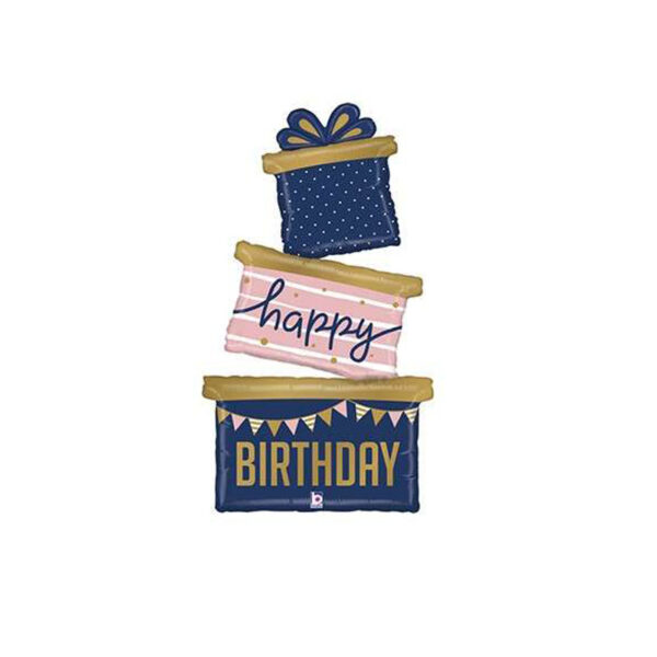Luftballon in Form von 3 Geschenken mit einem Schriftzug "Happy Birthday"