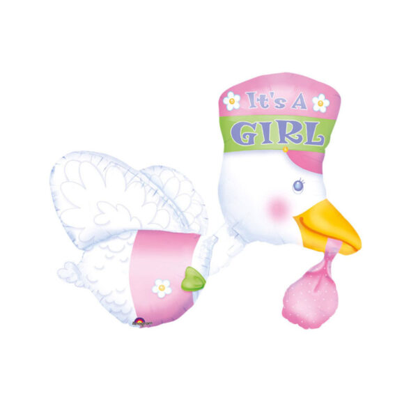 Luftballon in Form eines Storches und einem Schriftzug "it's a girl", rosa