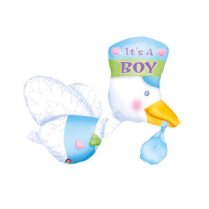 Luftballon in Form eines Storches und einem Schriftzug "it's a boy", blau