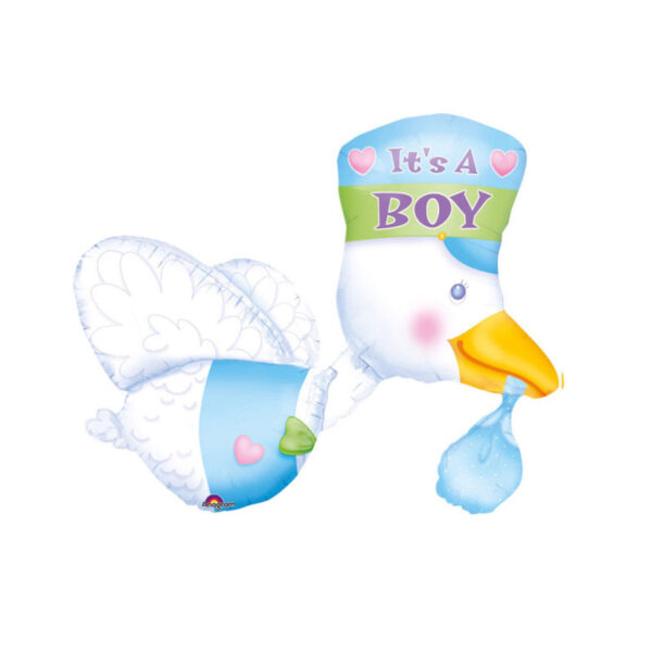 Luftballon in Form eines Storches und einem Schriftzug "it's a boy", blau