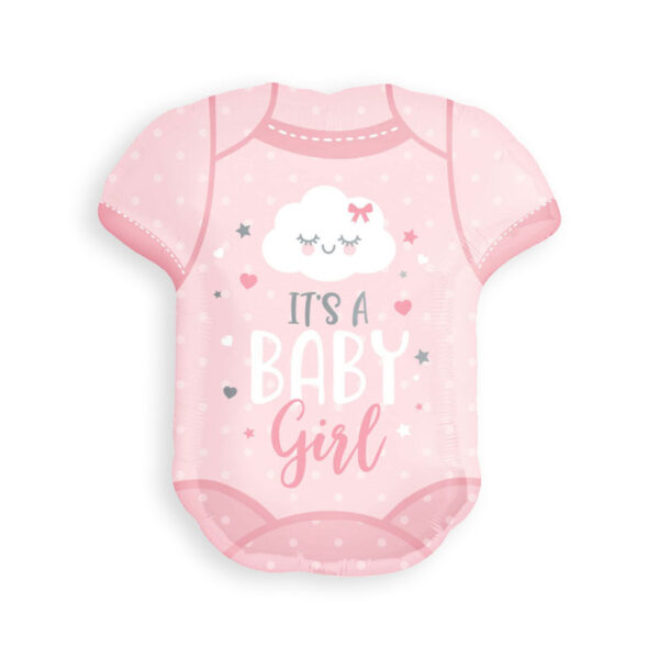 Luftballon in Form eines Babyoveralls, mit Schriftzug "it`s a baby girl"
