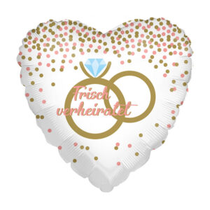 Luftballon in Form eines Herzens mit Schriftzug "Frisch verheiratet" und Grafik